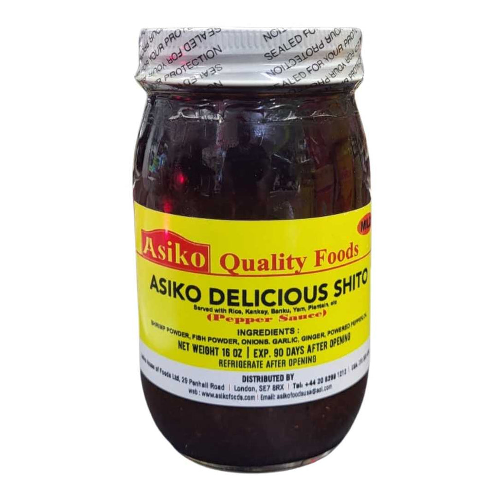 Asiko Delicious Shito Sauce (Hot) 16oz – Authentic Ghanaian chili sauce made from hot peppers, onions, and fish for a rich, spicy flavor.
