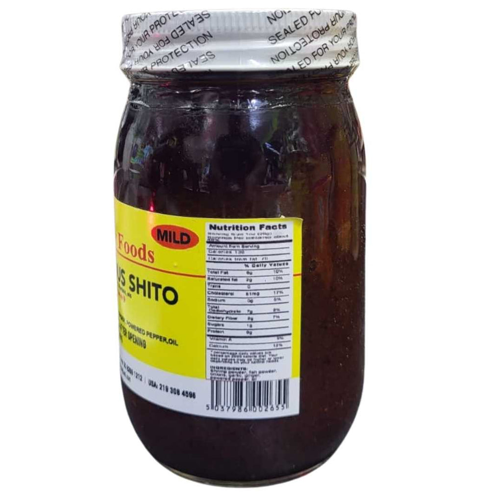 Asiko Delicious Shito Sauce (Hot) 16oz – Authentic Ghanaian chili sauce made from hot peppers, onions, and fish for a rich, spicy flavor.