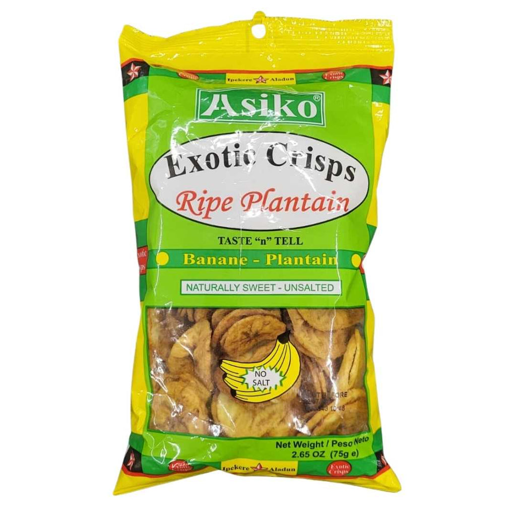 Asiko Exotic Crisps Ripe Plantain 75g – Golden, crispy ripe plantain chips in a vibrant red and yellow pack, offering a sweet and savory tropical flavor.