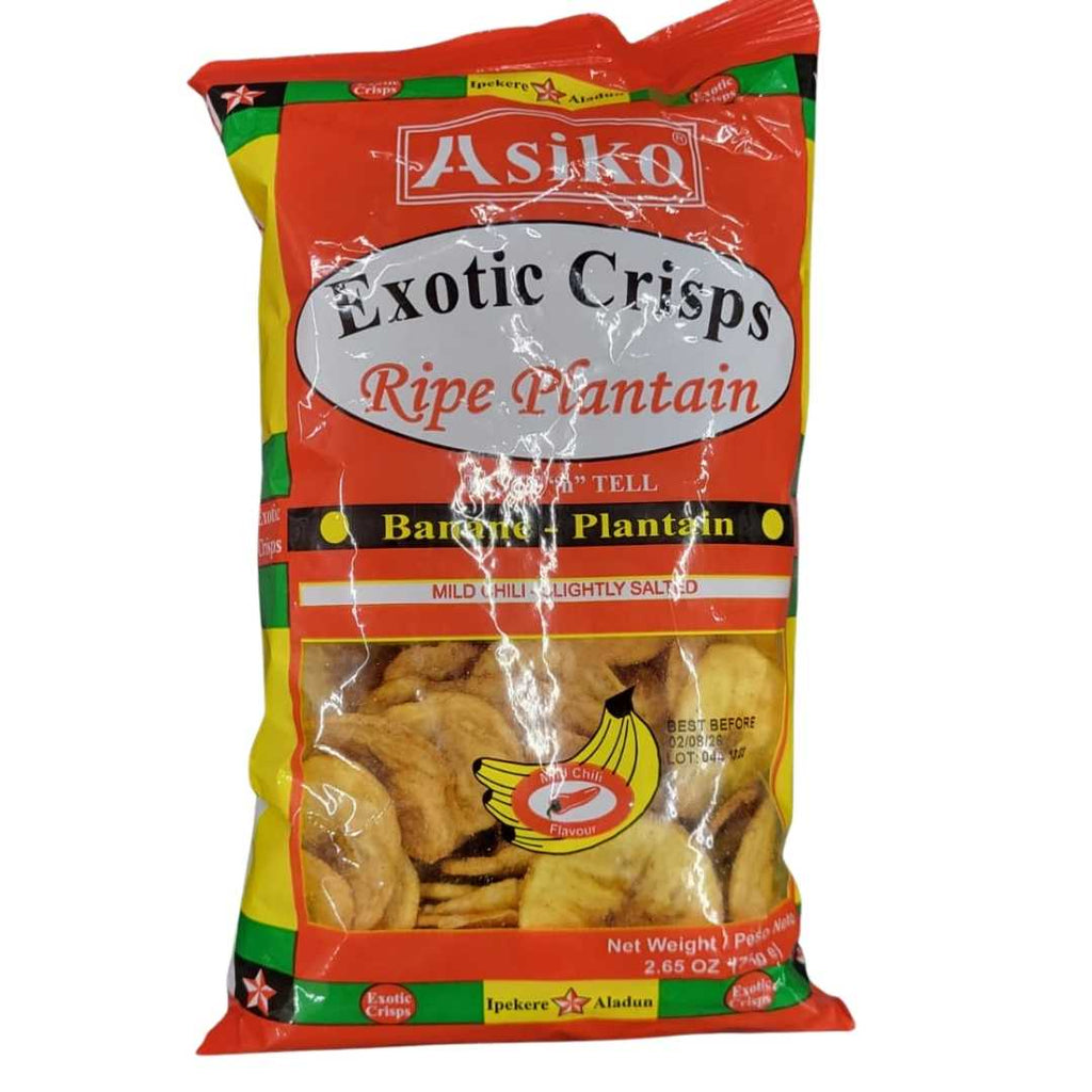 Asiko Exotic Crisps Ripe Plantain – Pack of mildly salted, golden plantain chips with mild chili flavor in a red and yellow bag.