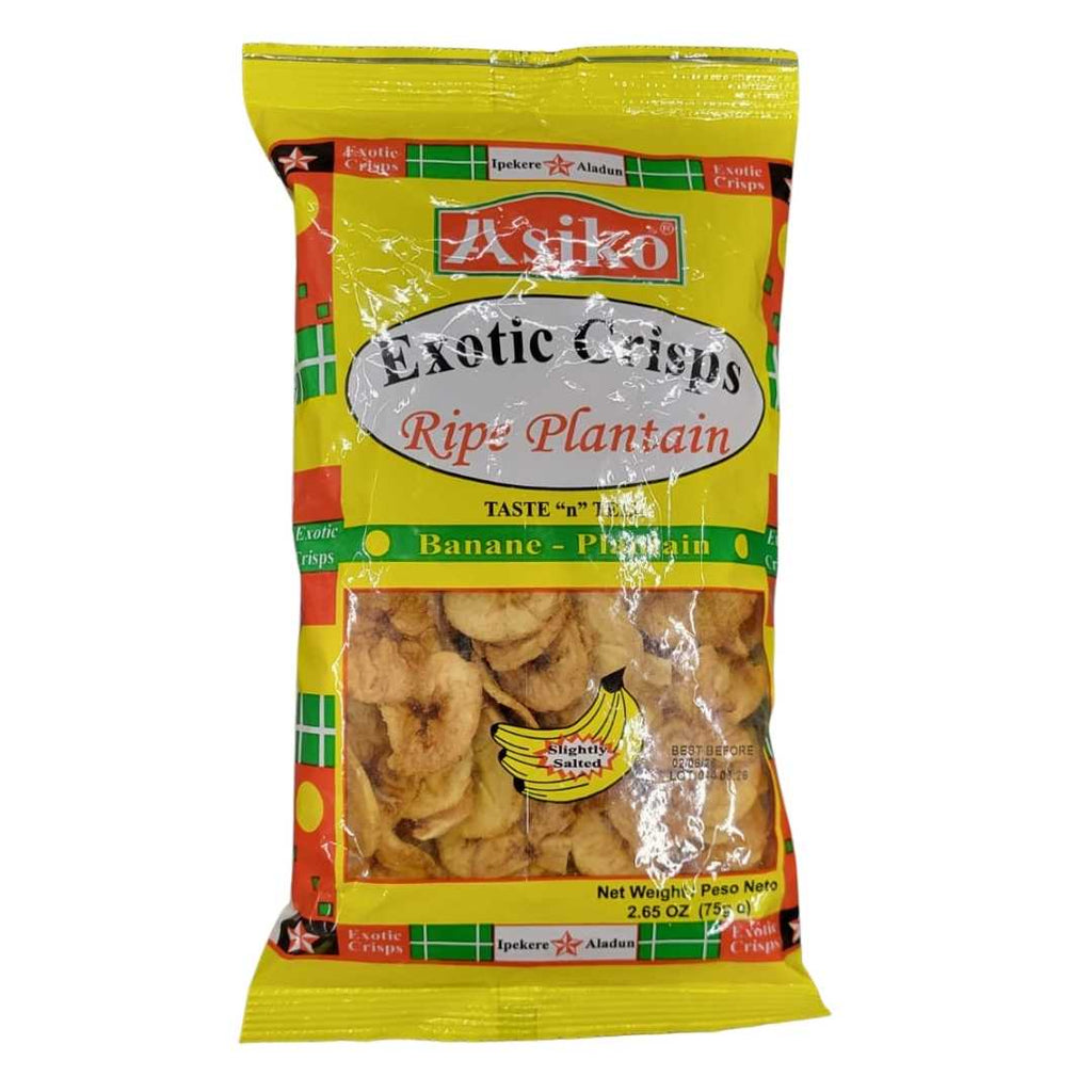 Asiko Plantain Chips Yellow Sweet Slightly Salted – Crispy golden-yellow plantain chips in a colorful pack, offering a naturally sweet and lightly salted flavor.