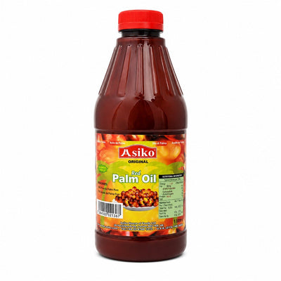 Asiko Red Palm Oil, authentic African cooking oil with a rich color and distinctive flavor, ideal for preparing traditional soups, stews, sauces, rice, and West African dishes.