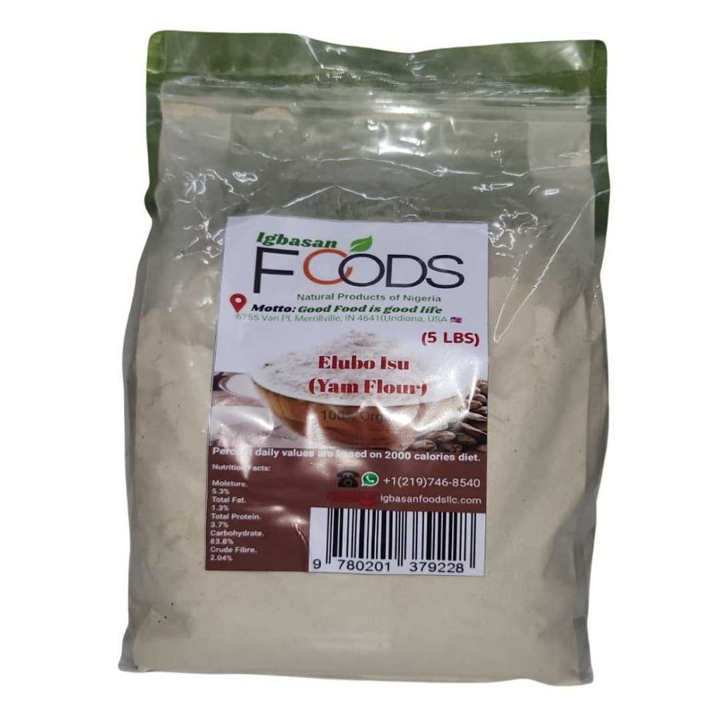 Bag of Igbasan Foods Elubo Isu (Yam Flour) – 5 lbs, 100% organic Nigerian product packaged in a clear resealable bag with nutrition facts and product label.
