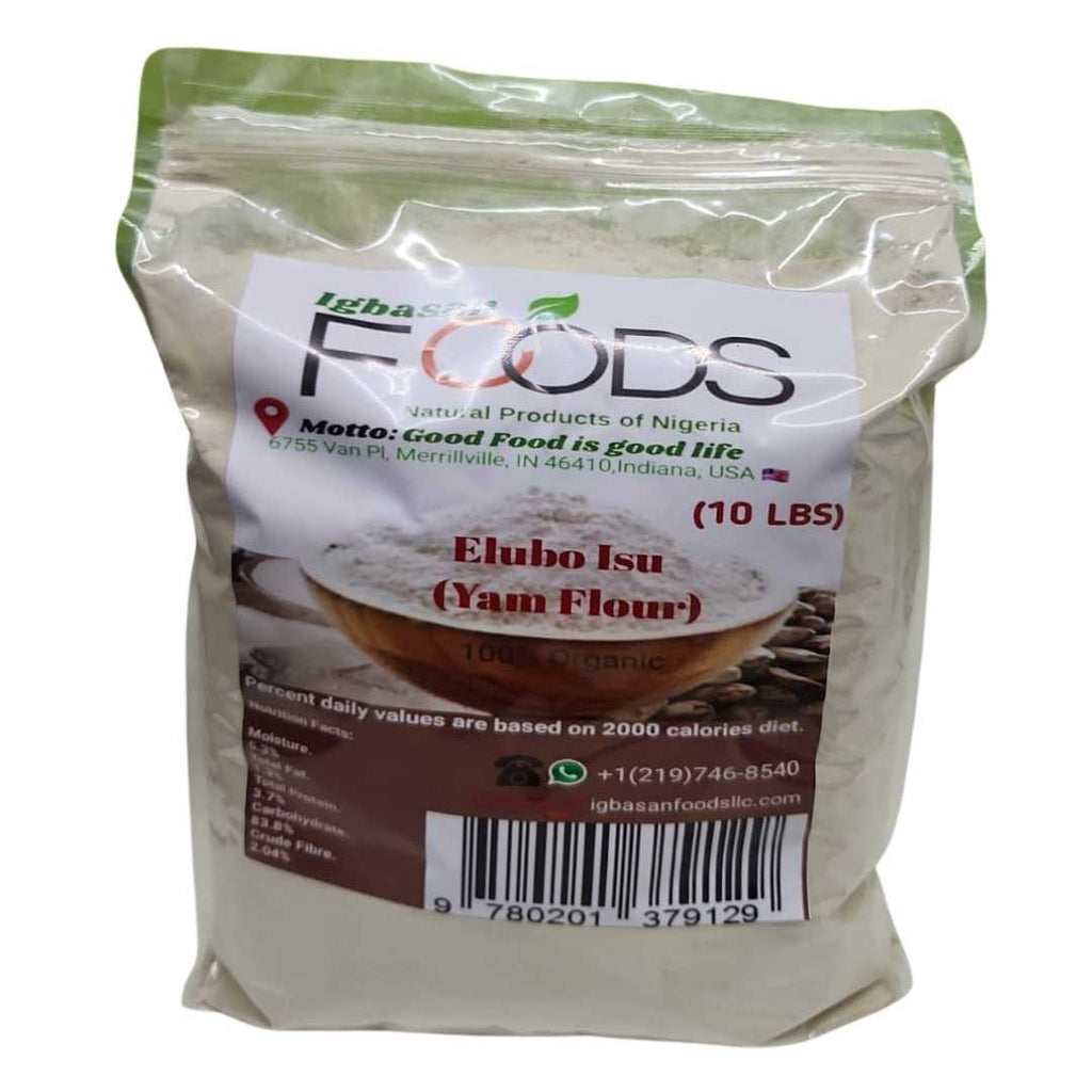 Bag of Igbasan Foods Elubo Isu (Yam Flour) – 10 lbs, 100% organic Nigerian product in a clear resealable bag with a white and brown label showing nutrition facts and contact details.
