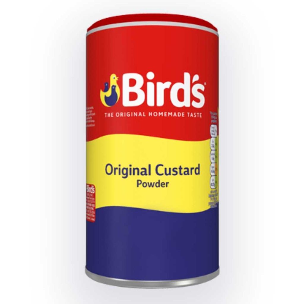 Bird's Custard Powder 600g container – classic red and yellow packaging with logo and product label on front.