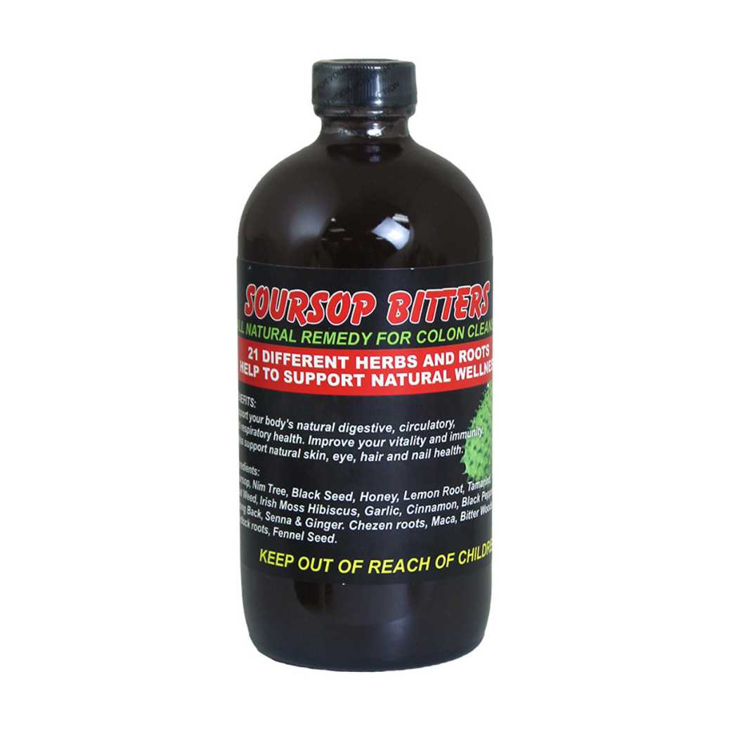 Bottle of Soursop Bitters 16 oz — a natural herbal tonic made with 21 herbs and roots to support colon health, cleanse the body, and boost overall vitality.