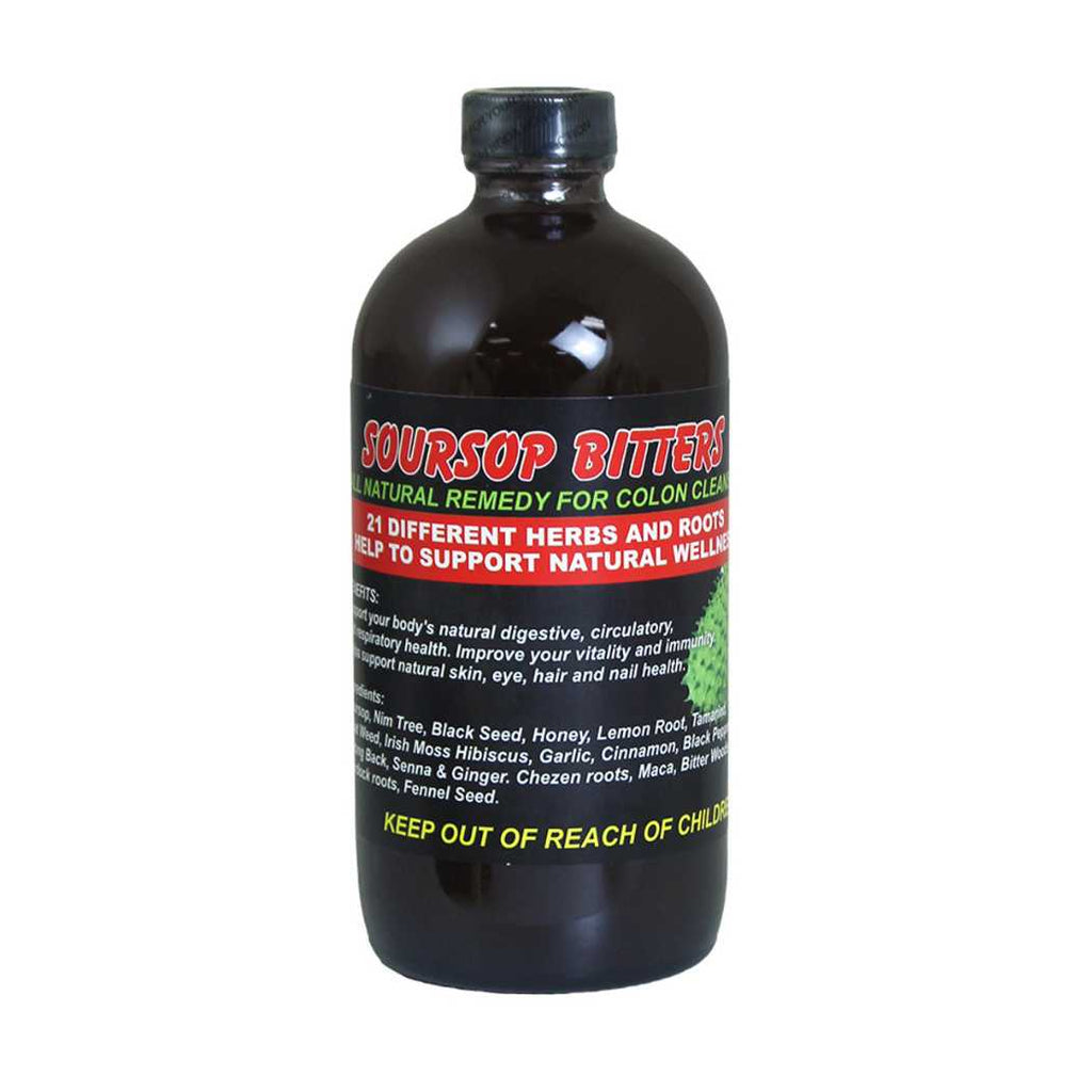 Bottle of Soursop Bitters 16 oz — a natural herbal tonic made with 21 herbs and roots to support colon health, cleanse the body, and boost overall vitality.