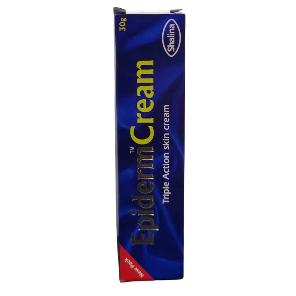 Box of Epiderm Cream by Shalina, 30g, featuring blue packaging labeled “Triple Action Skin Cream.”