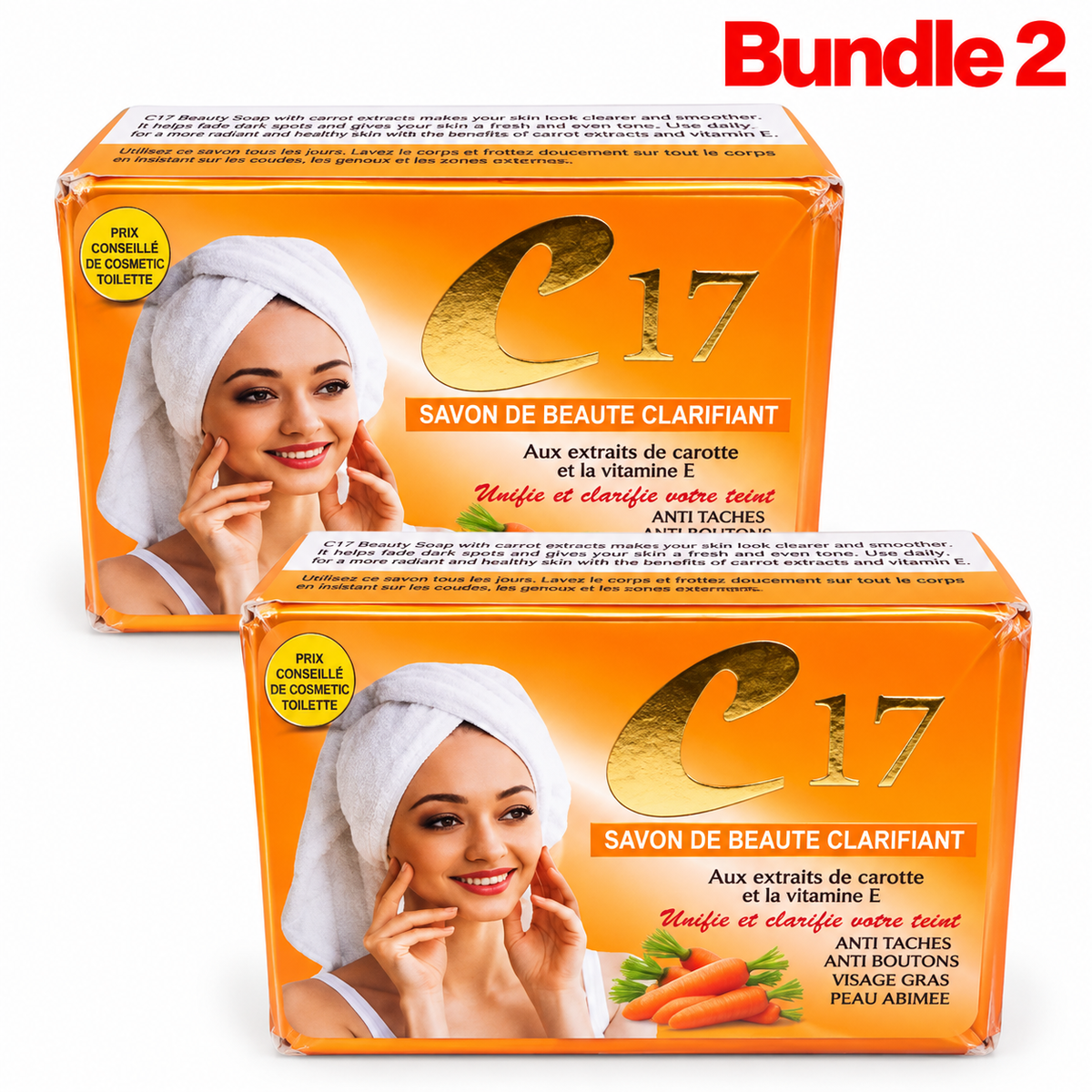 C17 Clarifying Beauty Soap with Carrot Extract and Vitamin E, a cleansing beauty bar designed to remove impurities and promote smooth, fresh, and radiant-looking skin, pack of 2