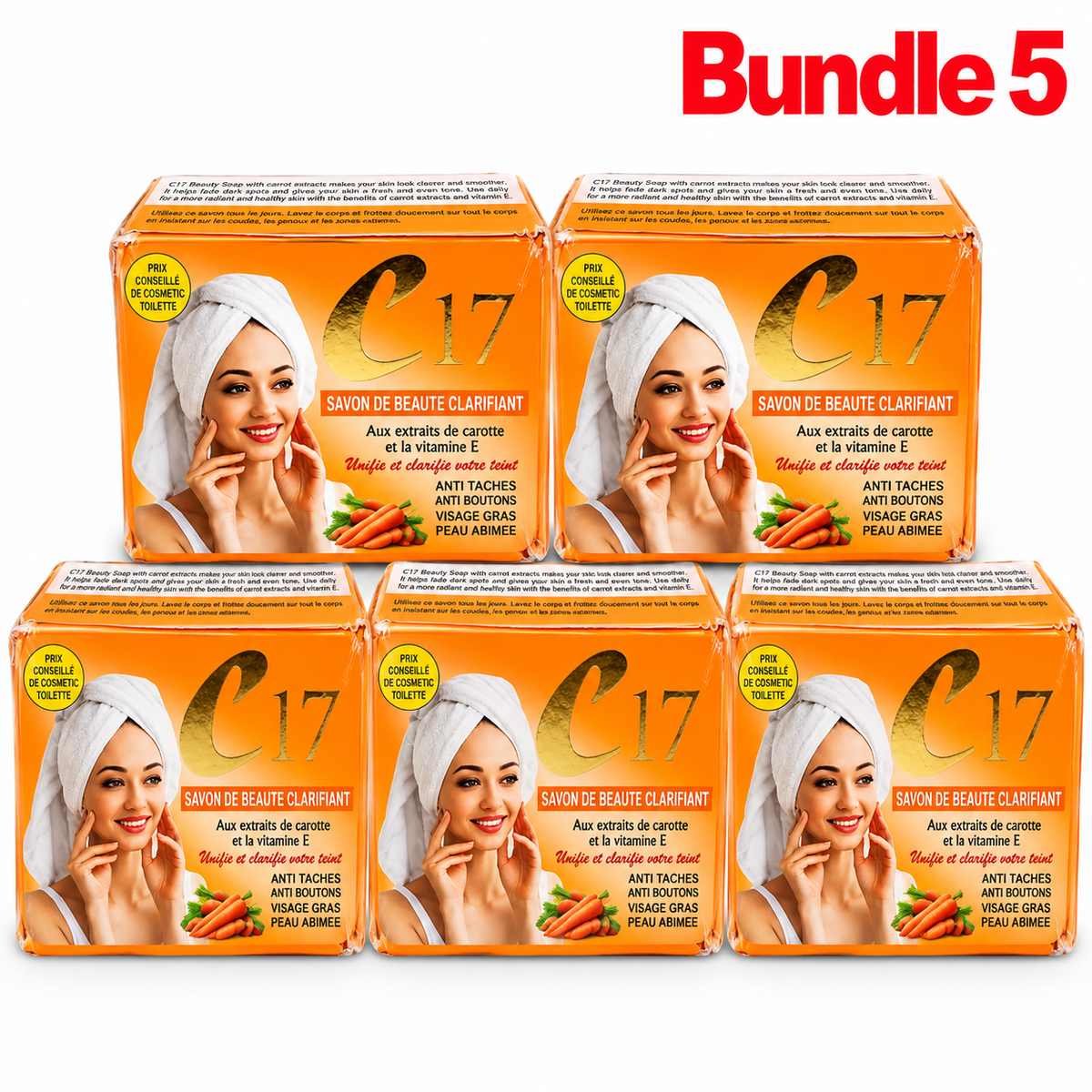 C17 Clarifying Beauty Soap with Carrot Extract and Vitamin E, a cleansing beauty bar designed to remove impurities and promote smooth, fresh, and radiant-looking skin, pack of 5