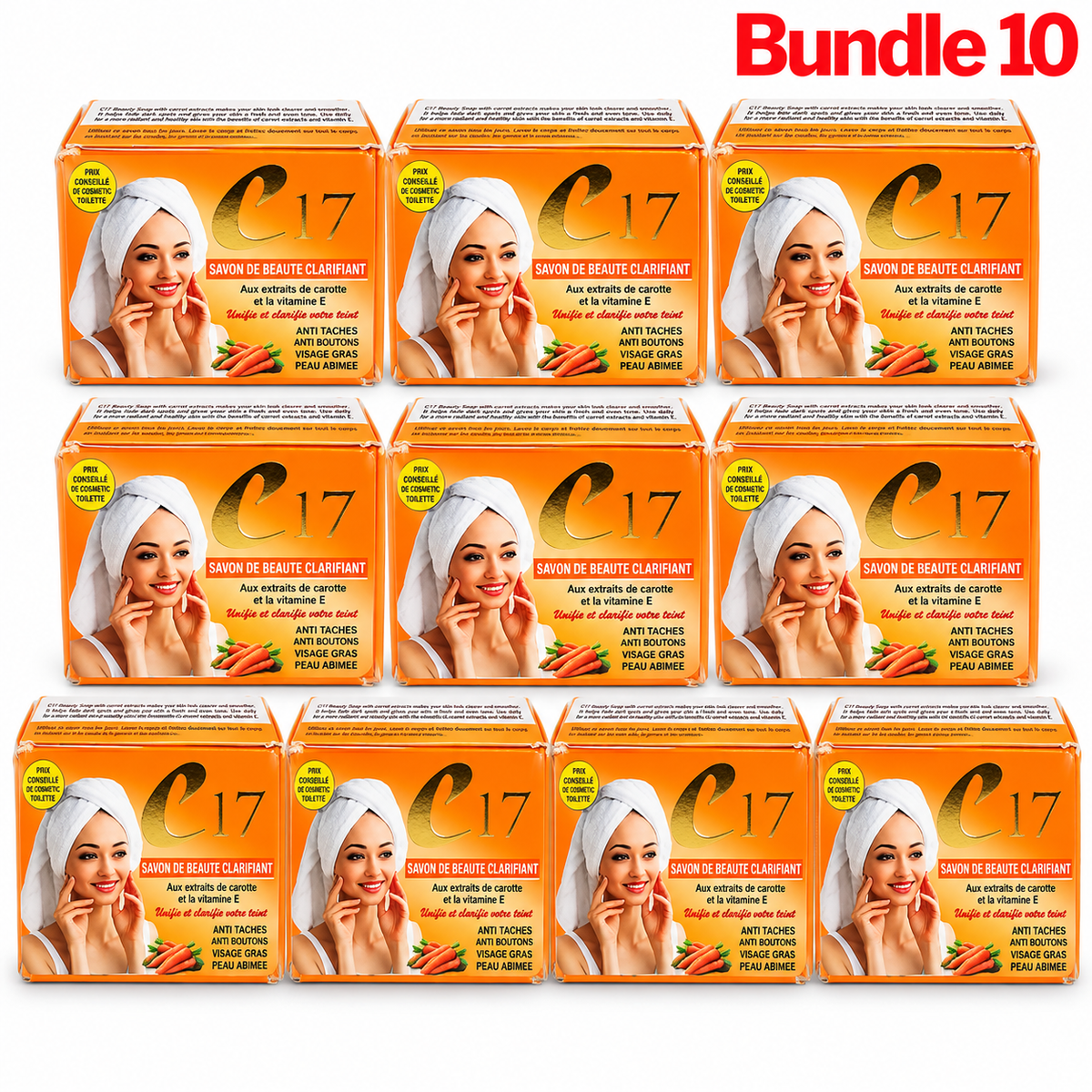 C17 Clarifying Beauty Soap with Carrot Extract and Vitamin E, a cleansing beauty bar designed to remove impurities and promote smooth, fresh, and radiant-looking skin, pack of 10