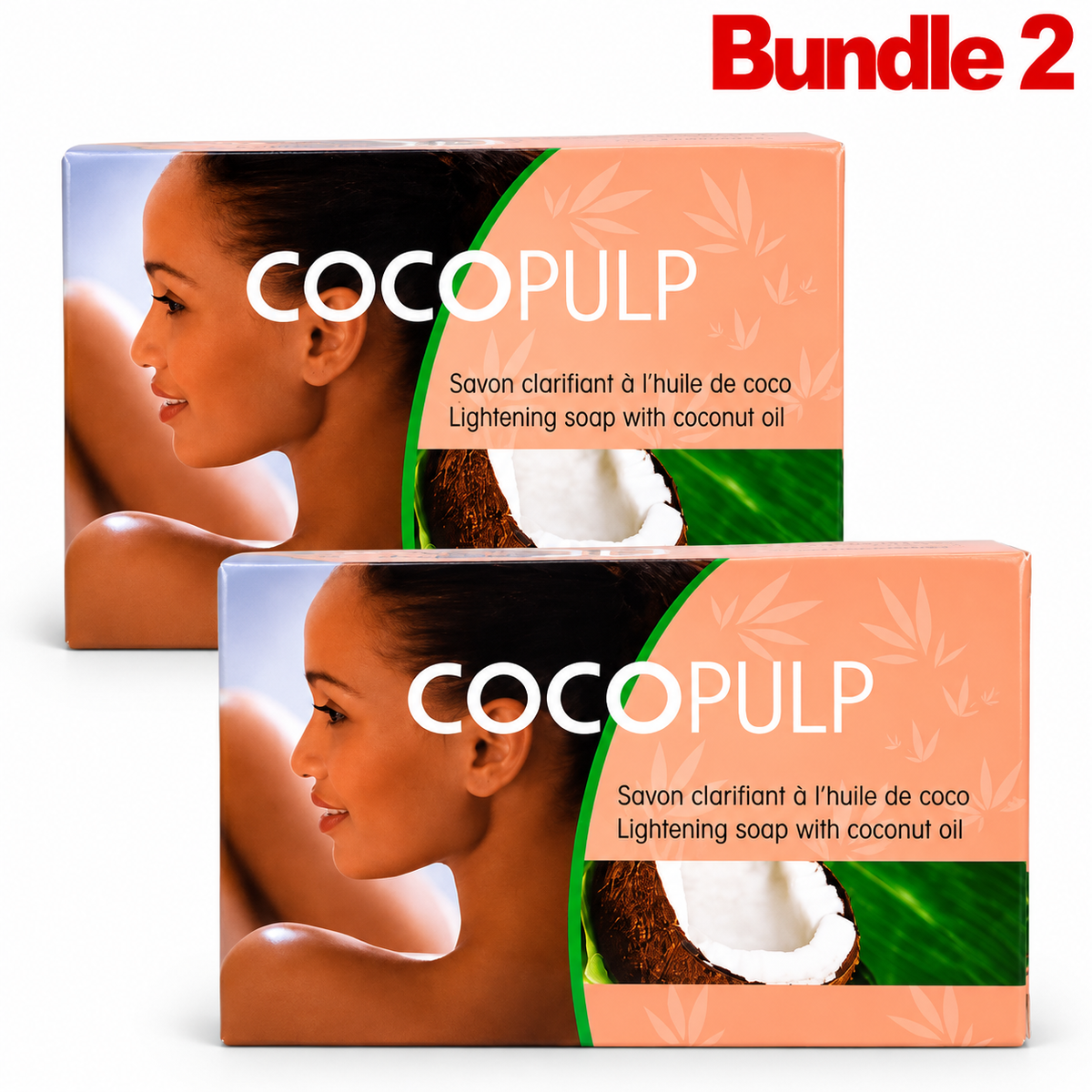 COCOPULP Coconut Oil Clarifying Soap Bar in branded packaging, a coconut oil-based cleansing soap designed to remove impurities and leave skin feeling fresh, smooth, and clean, pack of 2
