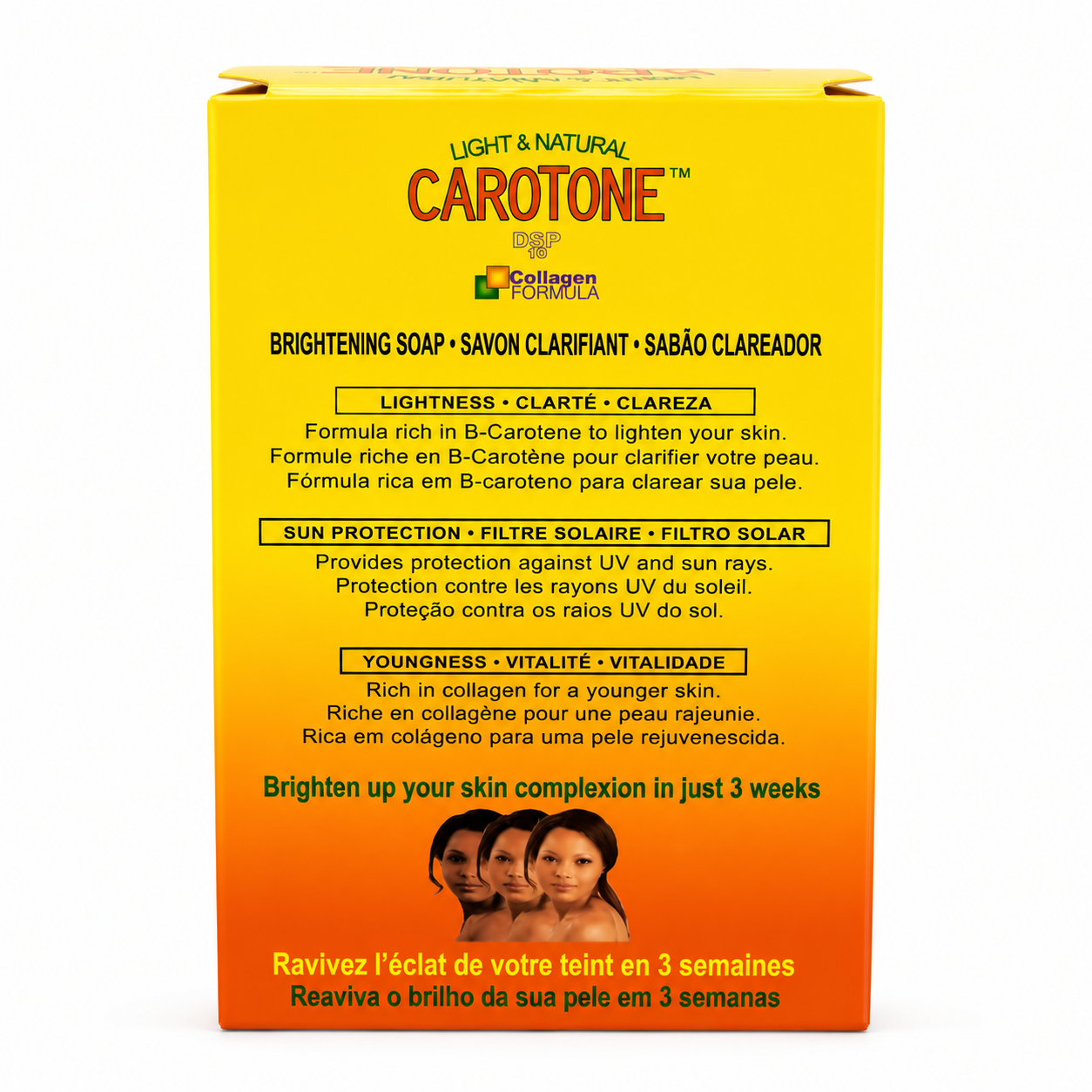Carotone brightening soap packaging with text and images of properties on a white background