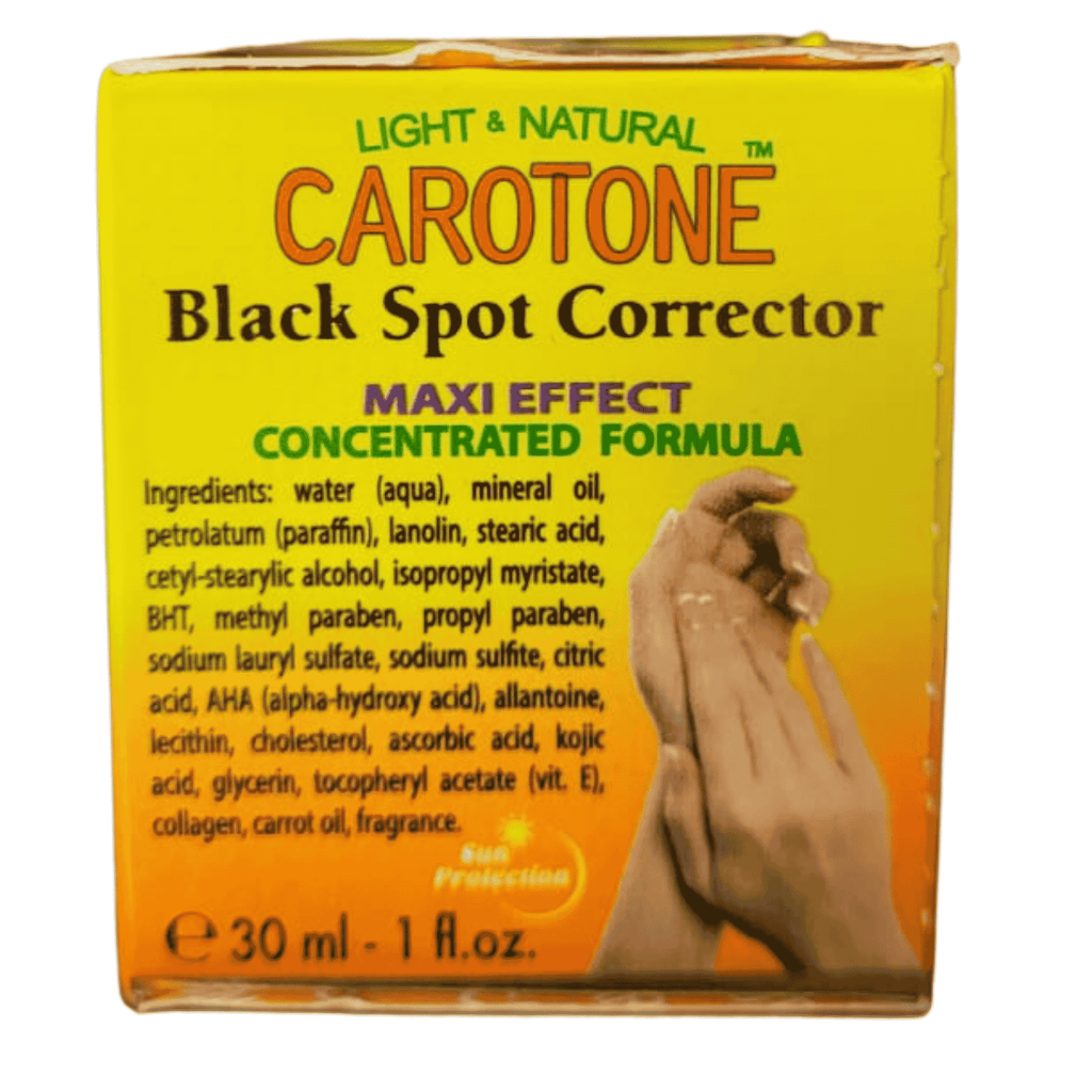 Carotone Black Spot Corrector packaging with hand application illustration on a yellow background