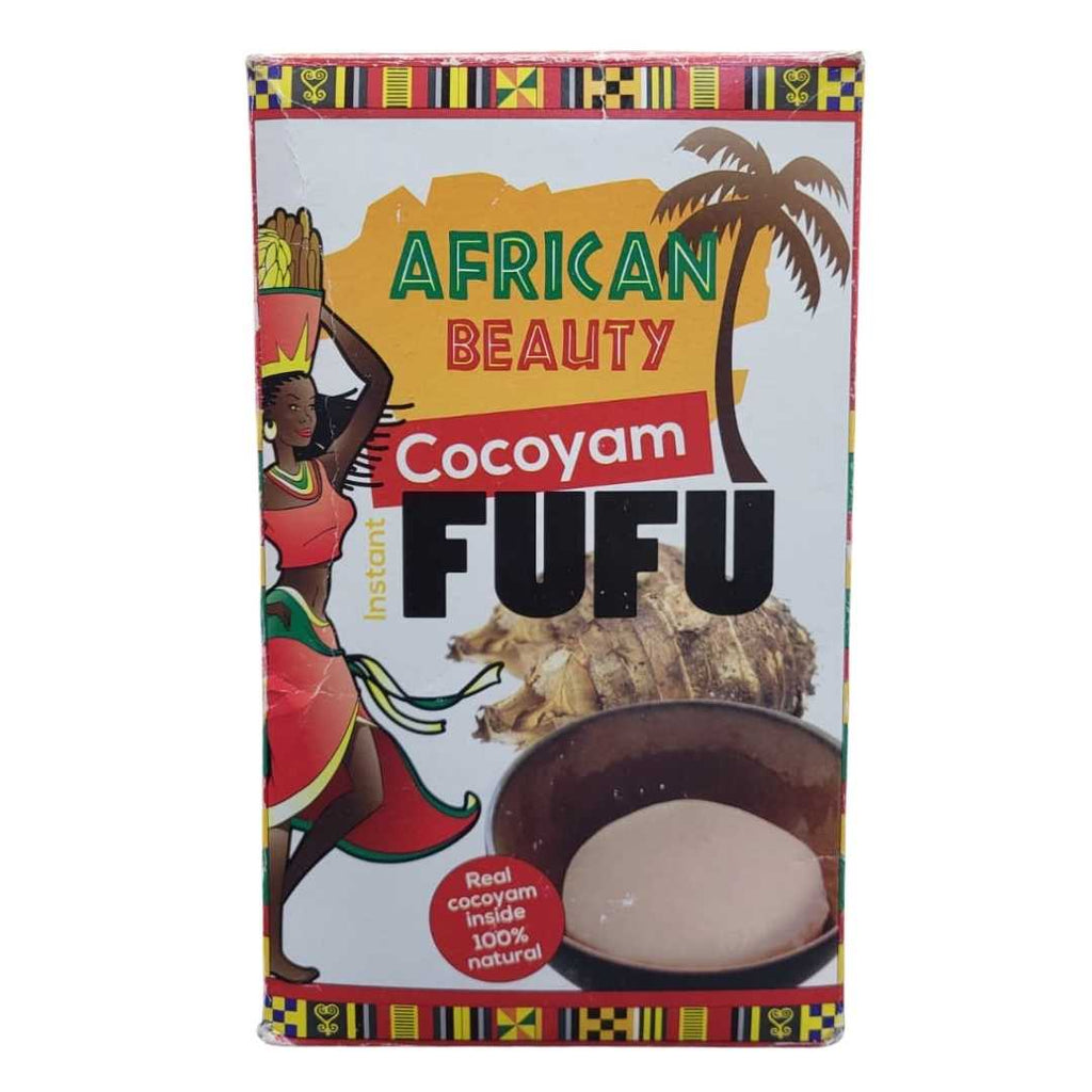 African Beauty Cocoyam Fufu – Instant cocoyam flour mix in a colorful box featuring African art and natural ingredients.