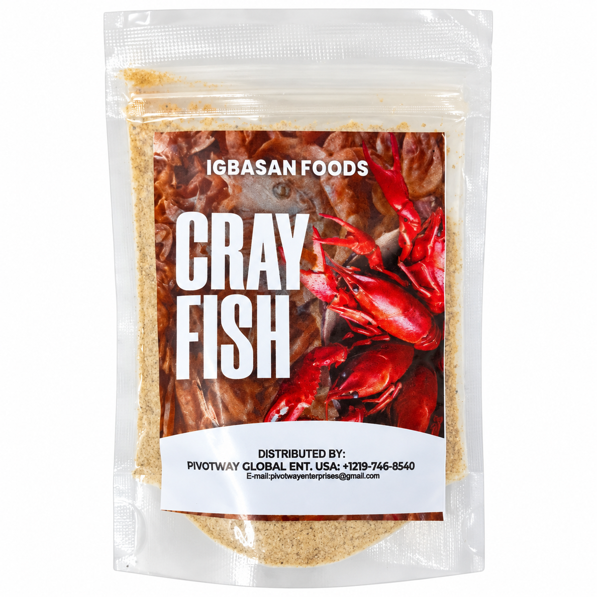 Igbansan Food Crayfish in branded packaging, dried crayfish seasoning with a rich, savory seafood flavor, ideal for African soups, stews, sauces, rice, and traditional dishes.