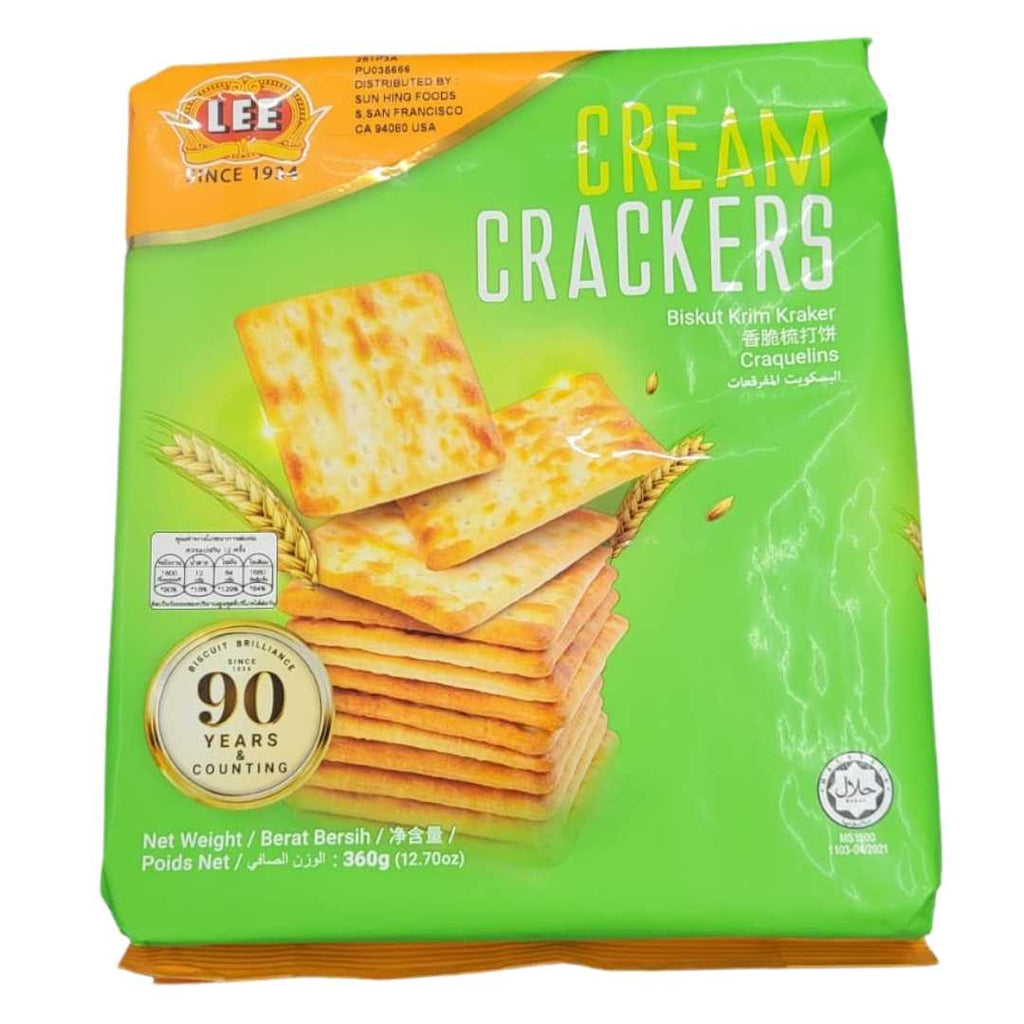 Pack of Cream Crackers 360g, showing golden square crackers on light-colored packaging, highlighting their crisp and buttery texture.