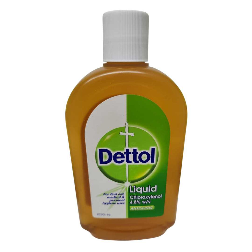 Bottle of Dettol Liquid Antiseptic with a white cap and amber-colored liquid, labeled “Dettol Liquid – Chloroxylenol 4.8% w/v – Antiseptic” for first aid, medical, and personal hygiene use.