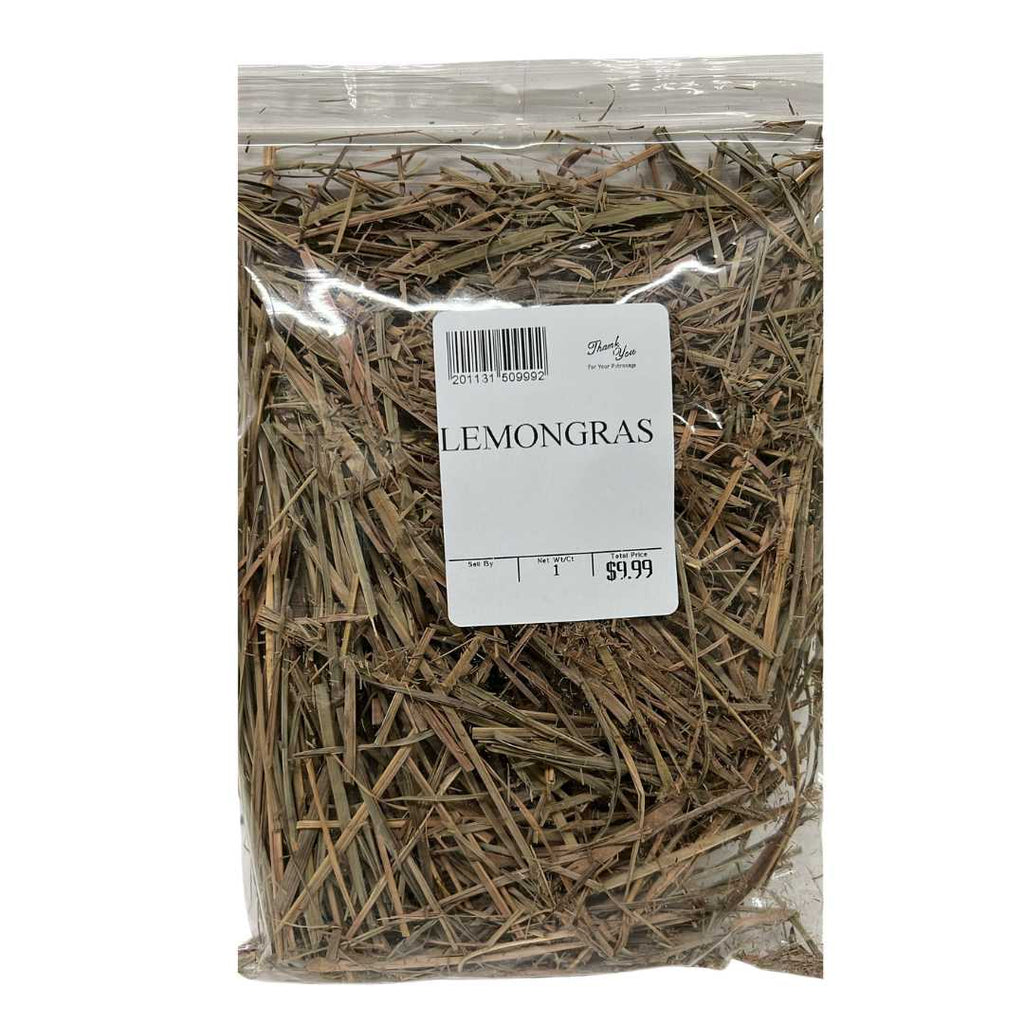 Clear plastic bag filled with dried lemongrass leaves, labeled with a white sticker that reads “LEMONGRAS” and priced at $9.99.