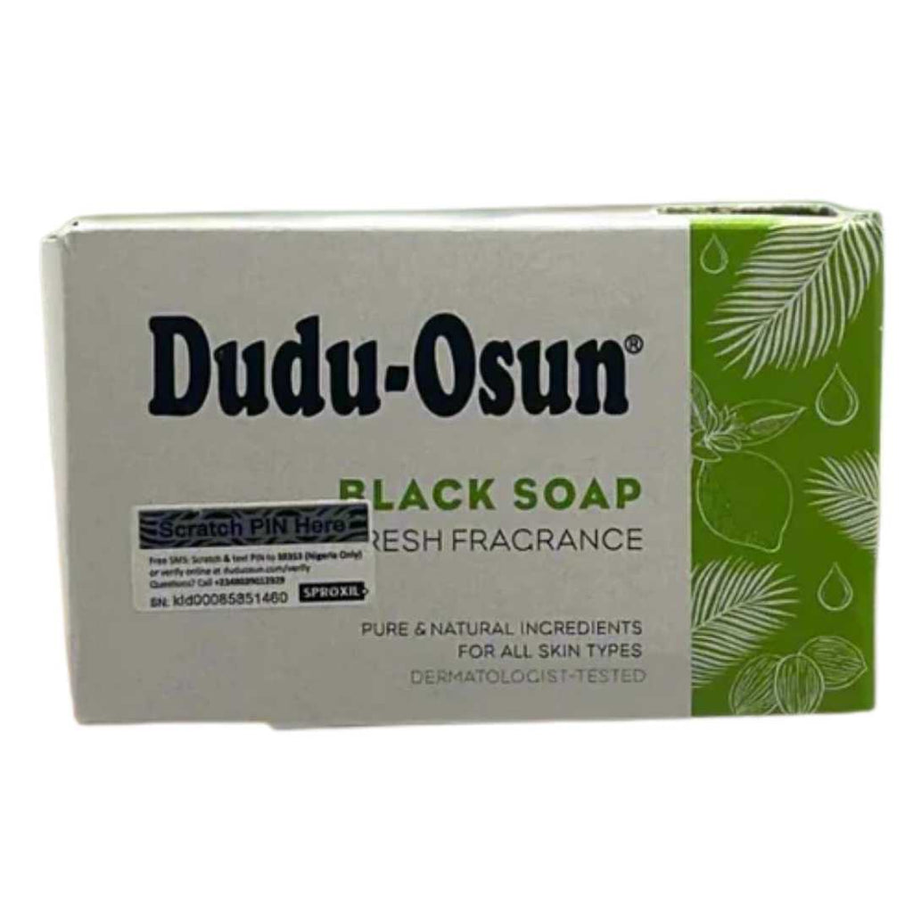 Dudu-Osun African Black Soap, 5 oz bar in original packaging, featuring natural ingredients for cleansing and skincare.