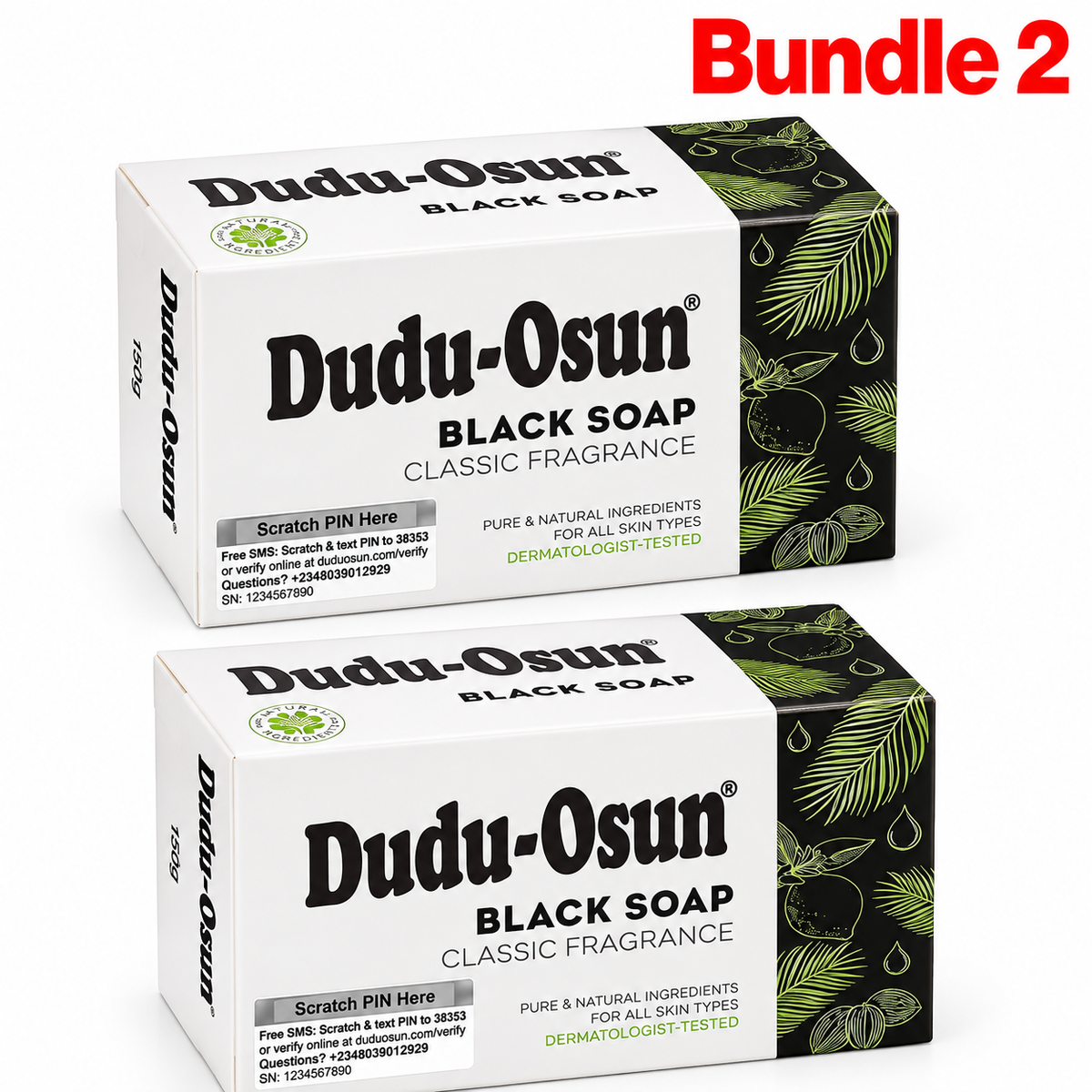 Dudu Osun African Black Soap in branded packaging, a traditional Nigerian herbal cleansing bar made with natural ingredients for deep cleansing and fresh, smooth-feeling skin, pack of 2