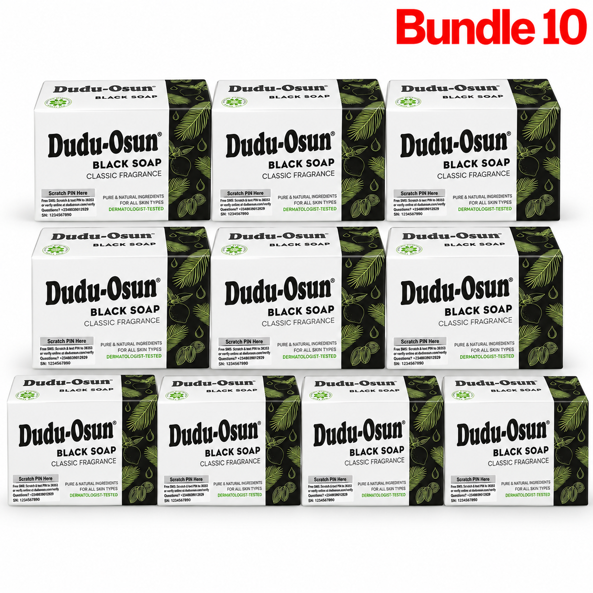 Dudu Osun African Black Soap in branded packaging, a traditional Nigerian herbal cleansing bar made with natural ingredients for deep cleansing and fresh, smooth-feeling skin, pack of 10