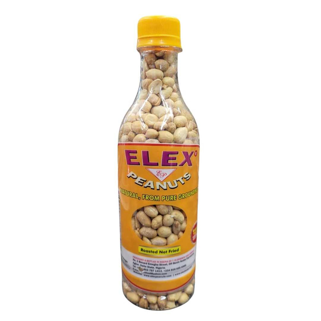Elex Peanuts 1x265g – A single pack of roasted peanuts in a clear bag, showcasing golden-brown whole nuts, perfect for snacking or adding to recipes.