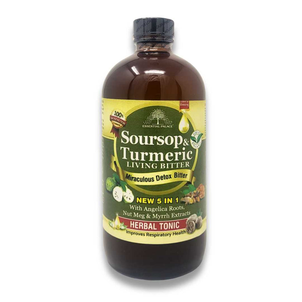Essential Palace Living Bitters – 16 fl oz herbal detox supplement with soursop, turmeric, angelica root, nutmeg, and cassia for digestion, detox, and respiratory support.
