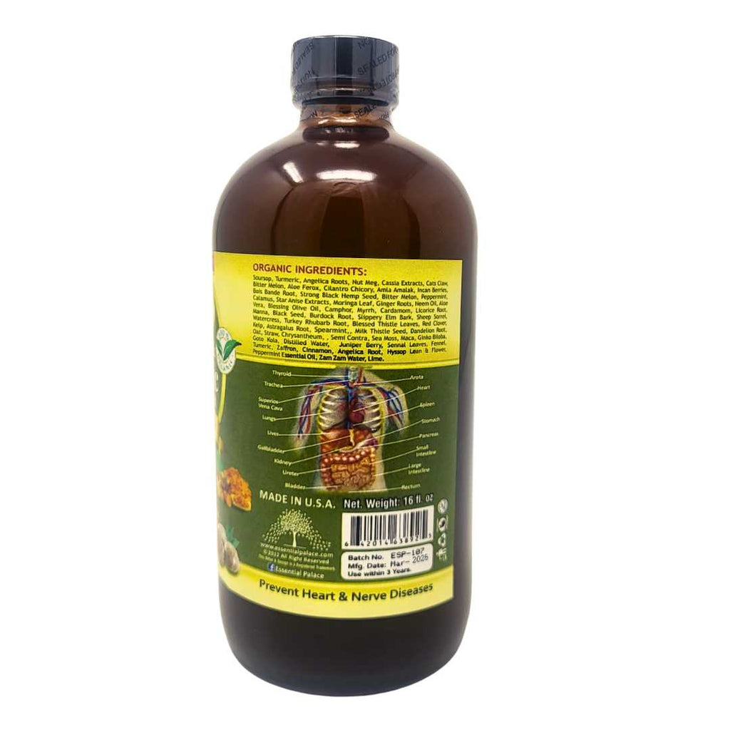 Essential Palace Living Bitters – 16 fl oz herbal detox supplement with soursop, turmeric, angelica root, nutmeg, and cassia for digestion, detox, and respiratory support.
