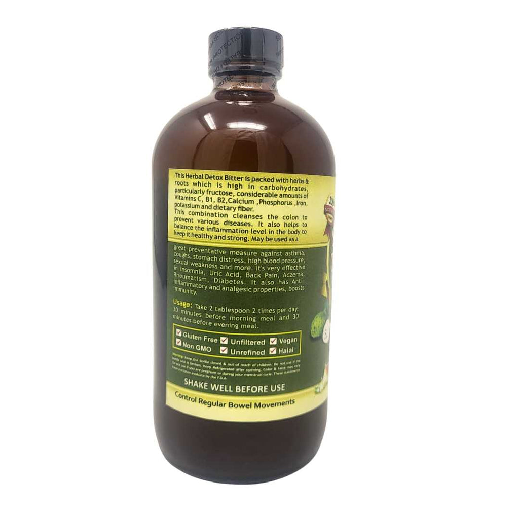 Essential Palace Living Bitters – 16 fl oz herbal detox supplement with soursop, turmeric, angelica root, nutmeg, and cassia for digestion, detox, and respiratory support.