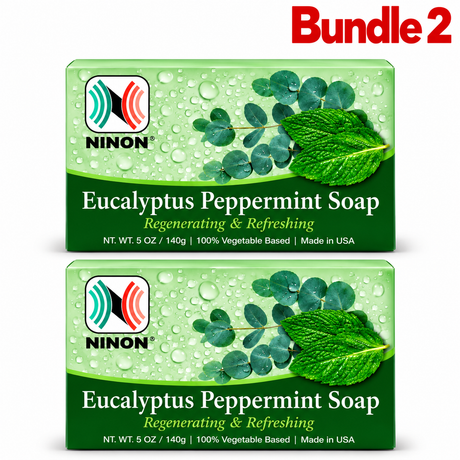 Eucalyptus Peppermint Soap 5 oz in branded packaging, refreshing cleansing bar infused with eucalyptus and peppermint to gently cleanse the skin while leaving it feeling cool, fresh, soft, and revitalized, pack of 2