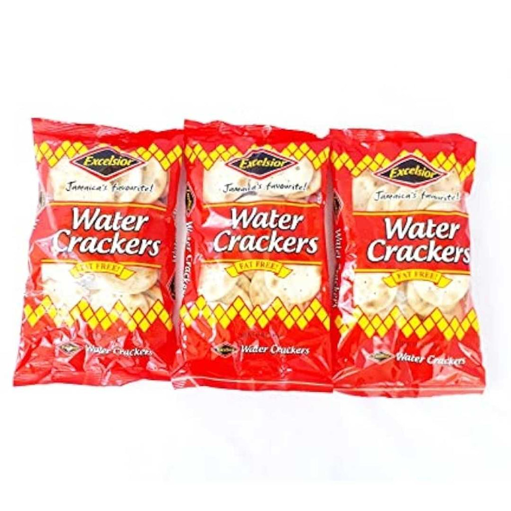 Three packs of Excelsior Water Crackers, 10.57 oz (300g) each, labeled "Fat Free" on the packaging. The crackers are packaged in rectangular boxes with a red, yellow, and blue design.