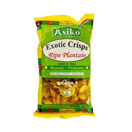 Asiko Exotic Crisps Ripe Plantain 75g – Golden, crispy ripe plantain chips in a vibrant red and yellow pack, offering a sweet and savory tropical flavor.