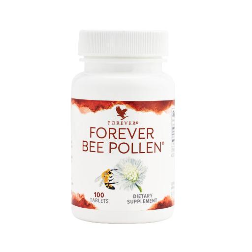 Jar of Forever Bee Pollen with golden yellow granules visible inside, featuring the Forever Living logo and product label.