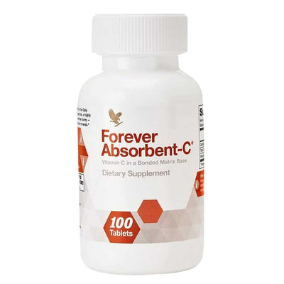Forever Absorbent C in a branded bottle, chewable vitamin C supplement formulated to provide daily vitamin C support with a pleasant citrus flavor and easy-to-chew tablets.