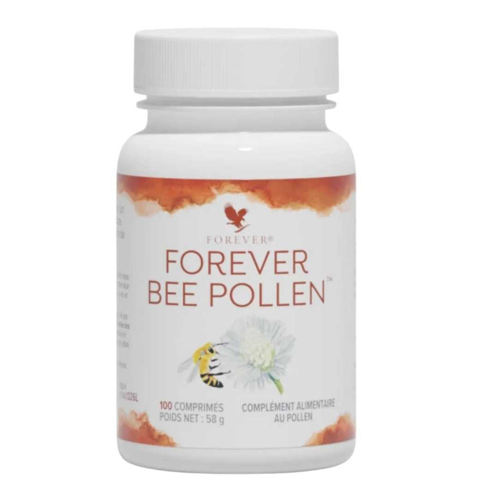 Jar of Forever Bee Pollen with golden yellow granules visible inside, featuring the Forever Living logo and product label.