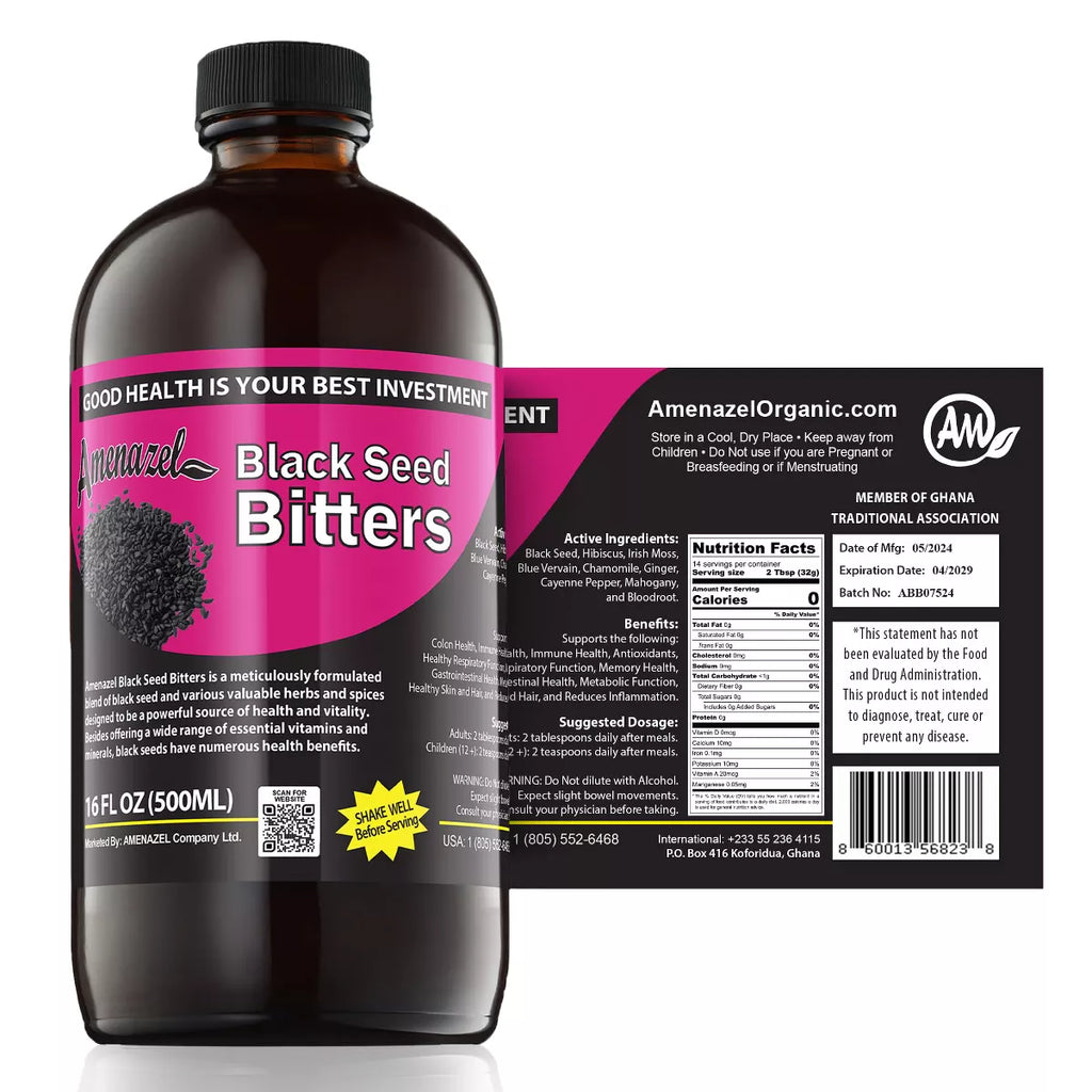 Bottle of Amenazel Organic Black Seed Bitters, 16 fluid ounces, with a dark amber liquid inside and a label featuring natural and organic design elements.