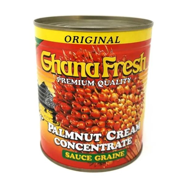 Ghana Fresh Palmnut Soup 800g – a sealed package of rich, traditional Ghanaian palmnut soup base, featuring vibrant red-orange color, used for making authentic West African palmnut soup.