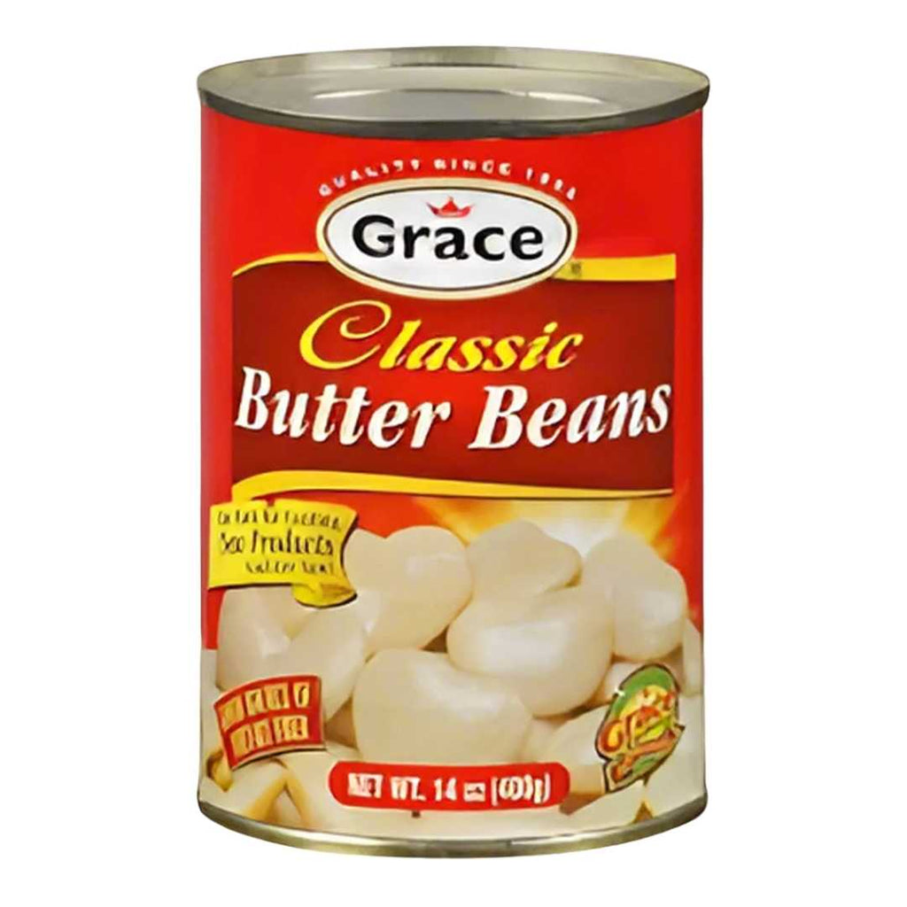 Grace Classic Butter Beans can, 14.1 ounces, featuring the Grace brand logo and an image of cooked butter beans on the label.