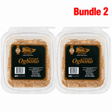 Ground Ogbono in branded packaging, finely ground African bush mango seeds used as a natural soup thickener, ideal for preparing rich, flavorful Nigerian ogbono soup and traditional West African dishes.
