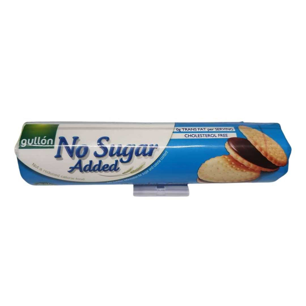 Gullón No Sugar Added Biscuits – cylindrical blue and white package displaying sandwich biscuits, one with a chocolate filling. The packaging highlights “0g trans fat per serving” and “cholesterol free,” emphasizing a healthier snack option.