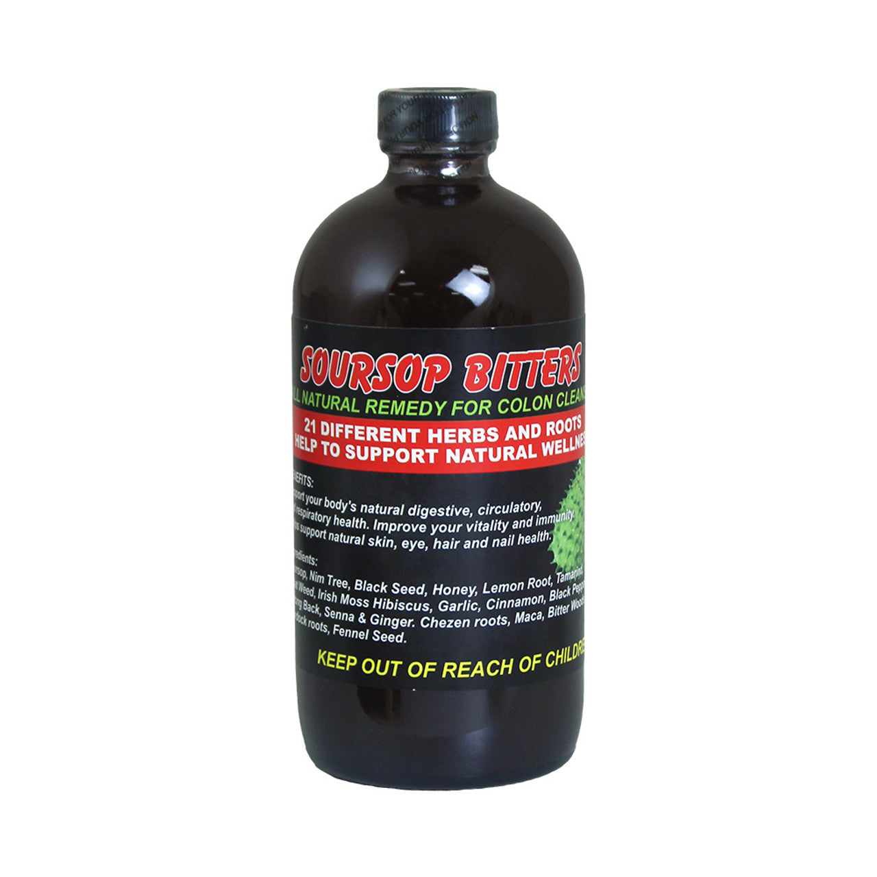 Bottle of Soursop Bitters 16 oz — a natural herbal tonic made with 21 herbs and roots to support colon health, cleanse the body, and boost overall vitality.