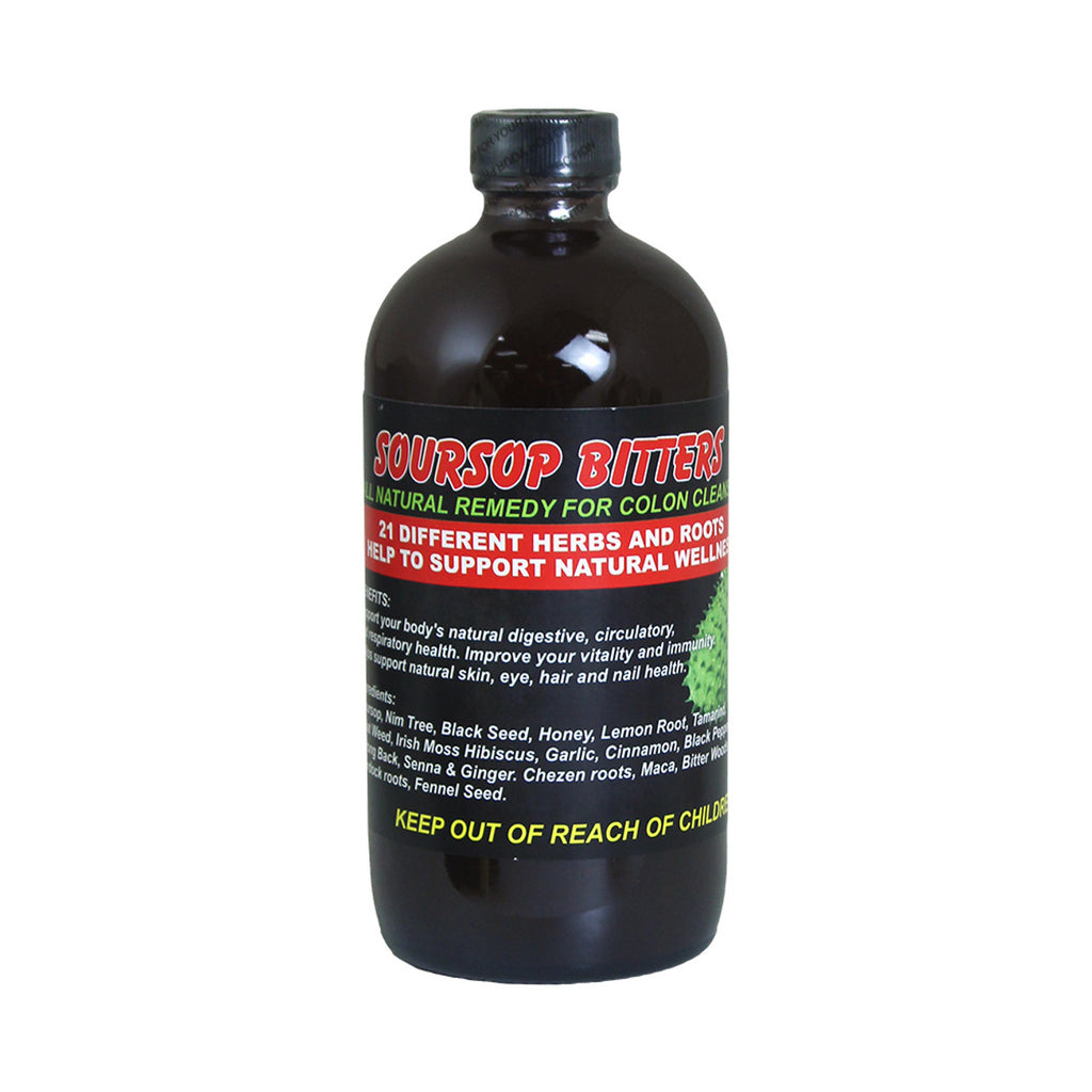 Bottle of Soursop Bitters 16 oz — a natural herbal tonic made with 21 herbs and roots to support colon health, cleanse the body, and boost overall vitality.
