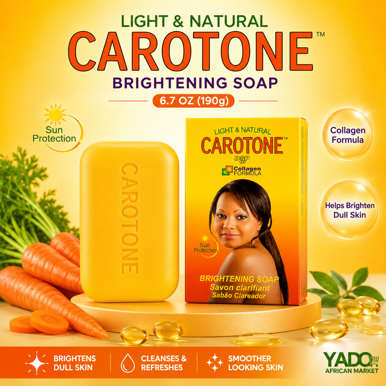 Carotone brightening soap with packaging on a yellow background