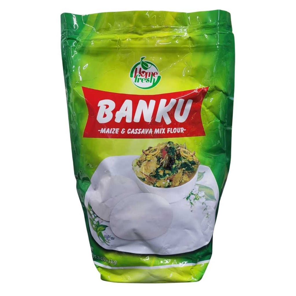 Box of Home Fresh Banku Mix, featuring an image of traditional Ghanaian banku served with pepper sauce and fish, in colorful packaging.
