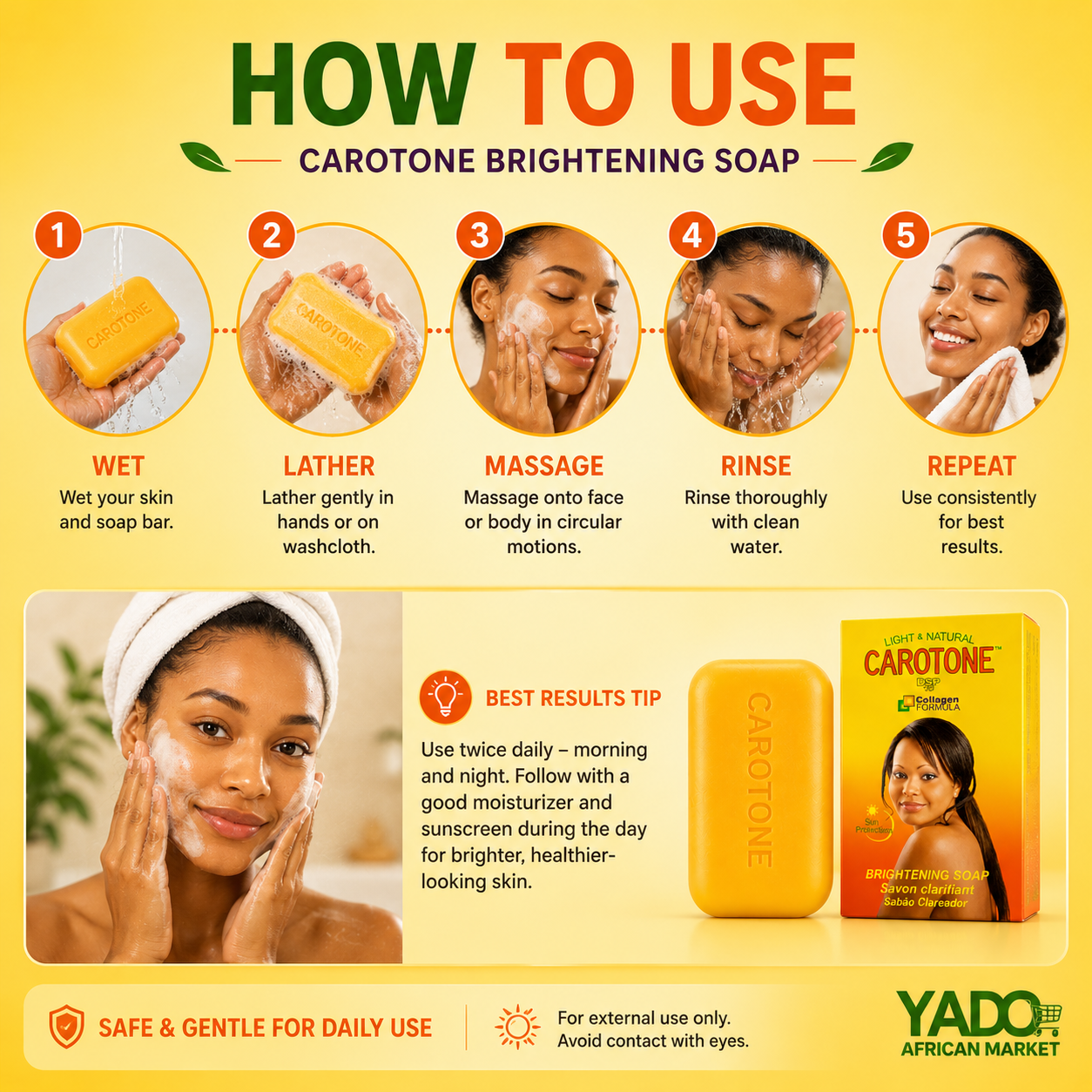Instructions on how to use Carotone Brightening Soap with visual steps and product display.