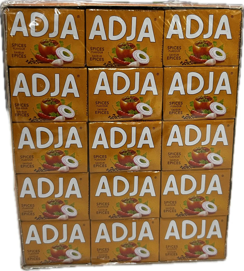 Pack of Adja Spices Flavor seasoning cubes in gold packaging, featuring images of vegetables, onions, and peppers on each cube wrapper.