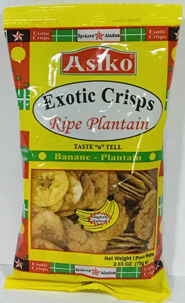 Asiko Plantain Chips Yellow Sweet Slightly Salted – Crispy golden-yellow plantain chips in a colorful pack, offering a naturally sweet and lightly salted flavor.