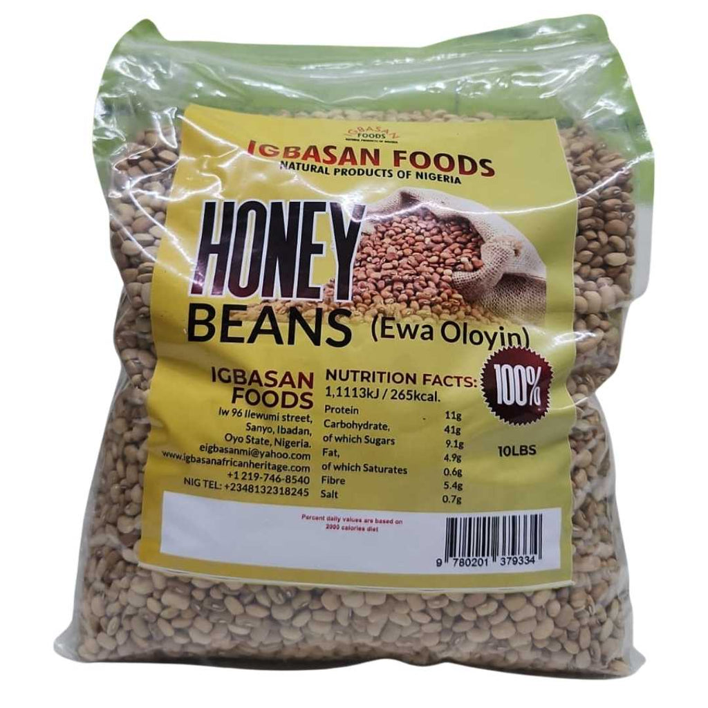 Bag of Igbasan Foods Honey Beans (Ewa Oloyin) – 10 lbs, 100% natural Nigerian product, packaged in a clear resealable bag with yellow label showing nutrition facts and company details.