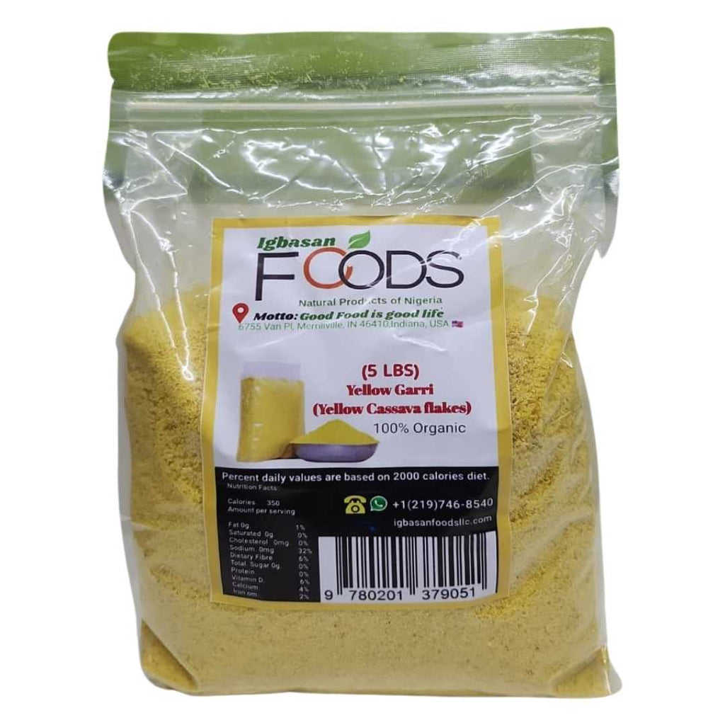 Bag of Igbasan Foods Yellow Garri (Yellow Cassava Flakes) – 5 lbs, 100% organic Nigerian product, packaged in a clear resealable bag with nutritional information label.